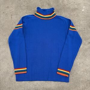Vintage 80s OSSI Skiwear Turtleneck Rainbow Stripe Sweater Wool Blue Retro M